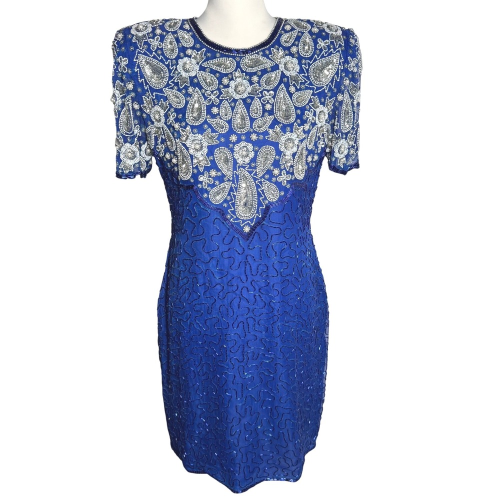 LAURENCE KAZAR Women's Medium 100% Silk Vintage Royal Blue Fully‎ Beaded Dress